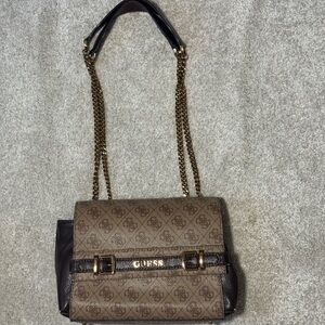 GUESS Brown and Dark Brown Logo Chain Strap Shoulder Bag